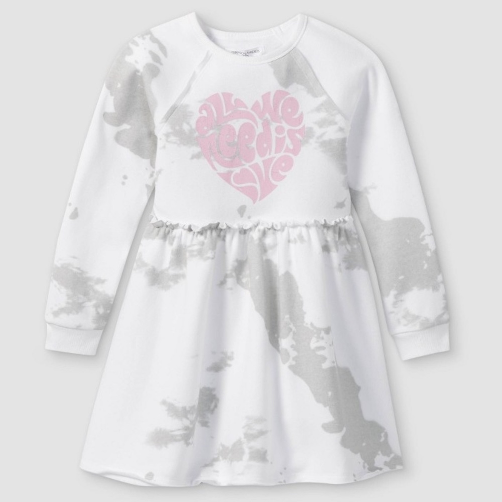 Grayson Threads Girls' Long Sleeve Love Tie-Dye Fleece Dress -Cream/Gray Small